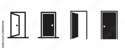 Professional door symbol collection including wireframe and solid variations of open and closed entrance ways.
