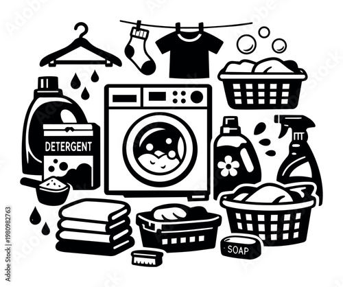 Laundry equipment and accessories arranged in a set, showing various items for washing, drying, and cleaning garments