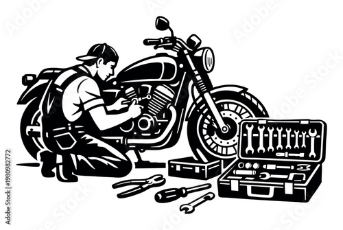 Mechanic working on a cruiser motorcycle, performing repair and maintenance on the engine with professional tools and toolbox