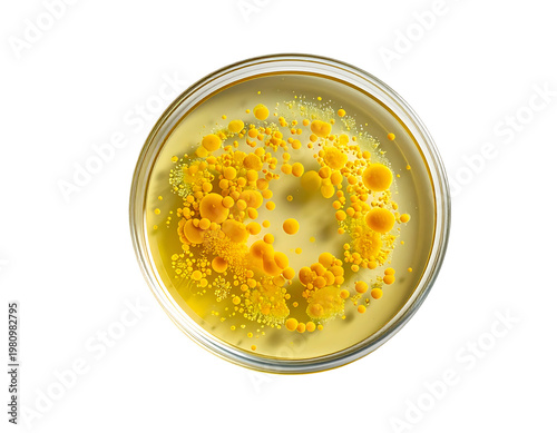 Yellow colonies bloom in a clear petri dish on a white background