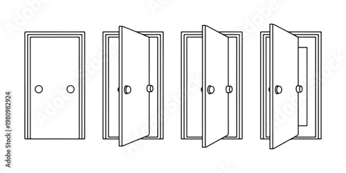 door, flat black line icon, open and close door, simple design, vector illustration, entrance, exit.