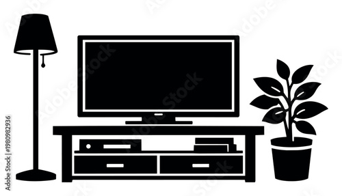 Living room interior with television on a stand, floor lamp, and potted houseplant, creating a cozy and modern home decor scene