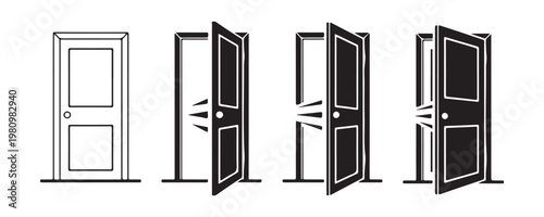 Set of icons depicting door opening stages from closed to fully open, representing progression and choice.