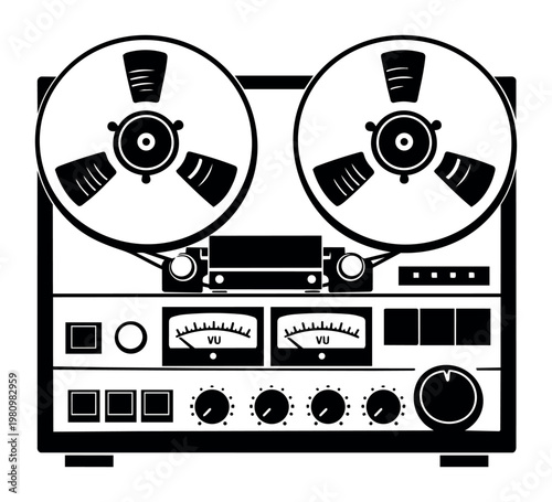 Reel to reel tape recorder, a retro analog audio device, playing or recording sound. Vintage technology for music and broadcast