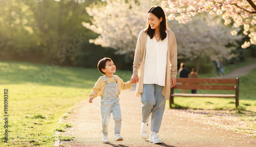 A mother and her young son walk hand-in-hand along a sunlit park path lined with blooming cherry trees and green grass.