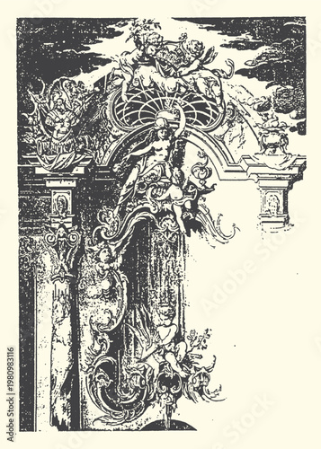 Bilde på lerret Ornate classical baroque vector illustration with decorative angels, cherubs, and architectural rococo elements, perfect for vintage design projects