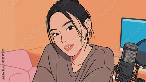 Illustrated Woman with Microphone in Studio