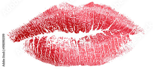 Red lipstick kiss print, isolated on black background. Lipstick mark shows lip texture