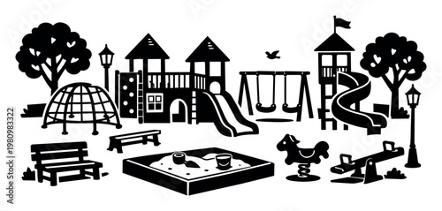 Play area for kids featuring various forms of recreation, fun, and childhood activity in an outdoor park setting