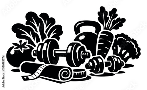 Healthy lifestyle concept with fitness elements like weights, a measuring tape, and various fresh vegetables