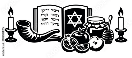 Jewish New Year symbols for Rosh Hashanah featuring shofar, holy book with menorah, apples, pomegranate, honey and candles