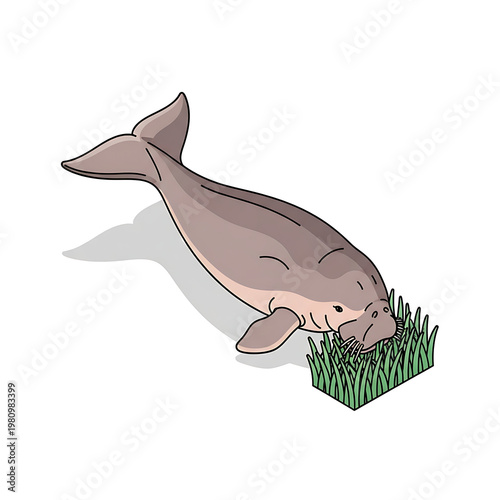 Cute cartoon manatee eating seagrass isolated on transparent background