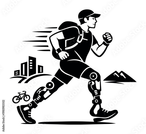 Amputee man running with prosthetic limbs, showing determination, speed and an active lifestyle, representing inclusion and technology