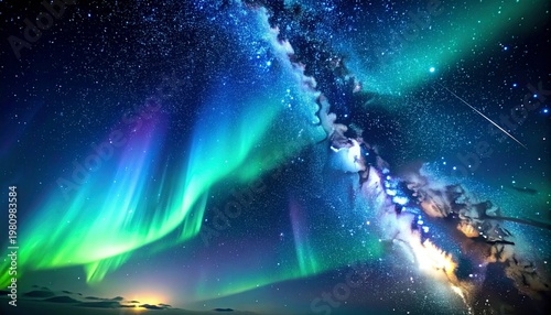 オーロラと流れ星、天の川の満天の星空  3DCGイラスト