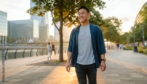 A young man in casual clothes smiles while walking along a sunlit urban riverside promenade with modern buildings and trees around.
