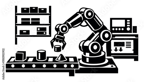 Robotic arm performing tasks on a conveyor belt in a factory, representing automation, smart manufacturing, and industry