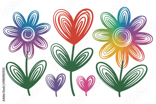 Abstract scribble flowers and hearts vector illustration modern colorful design set hand drawn decorative floral elements with transparent background