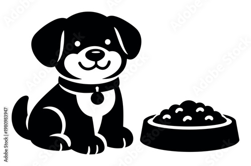Cute puppy sitting patiently near a bowl of dry kibble. Icon illustrating pet food, animal hunger, and domestic life