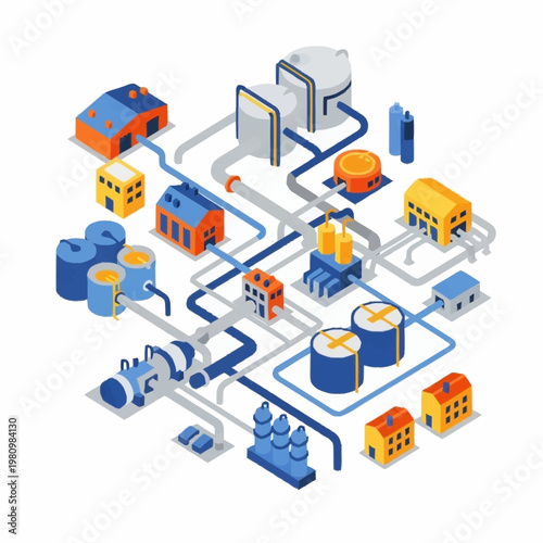 Industrial complex with pipelines and tanks isometric illustration.