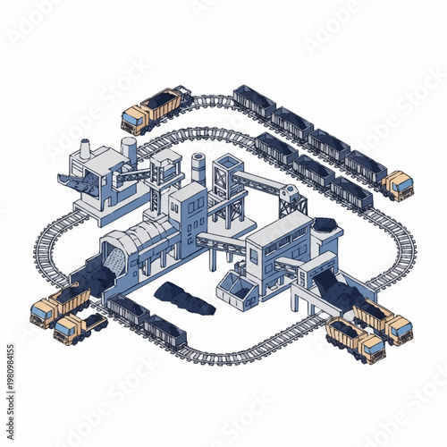 Industrial coal processing plant with trains and wagons.