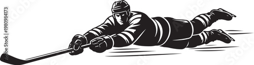 Ice hockey player sliding on ice, black and white sports vector illustration, professional hockey athlete silhouette