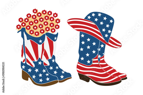 Decorative cowboy boots adorned with American flag pattern, one filled with flowers, patriotic footwear for country western theme on transparent