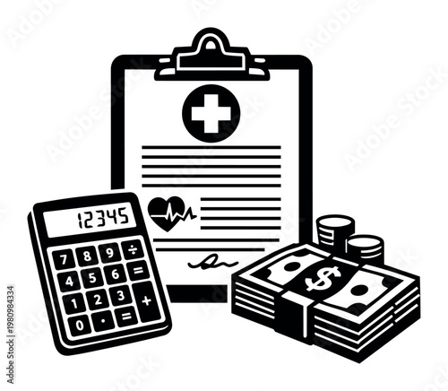 Medical clipboard document, calculator, money, and coins illustrating healthcare costs, medical billing, and financial expenses