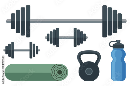 Gym fitness equipment vector set featuring barbell dumbbell kettlebell yoga mat and blue water bottle for workout and weight loss theme