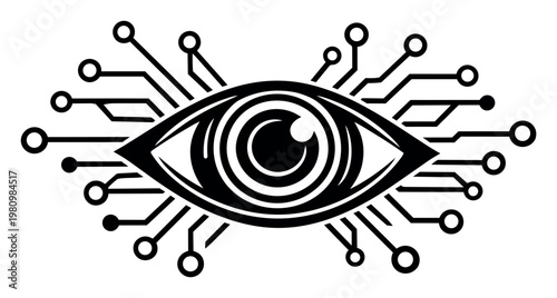 Digital eye icon connected to circuit board lines, symbolizing data monitoring, AI, cyber security, and futuristic technology