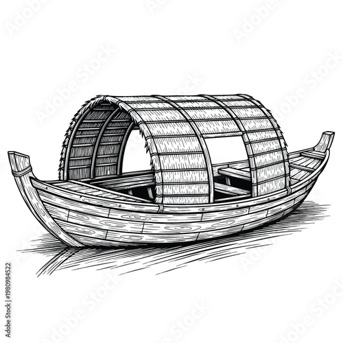 Vintage Wooden Boat with Covered Cabin for Travel and Leisure