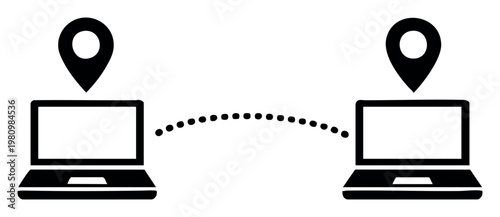 Two laptops with location pins exchanging data via a dotted network connection, symbolizing remote work, online communication, and global networking