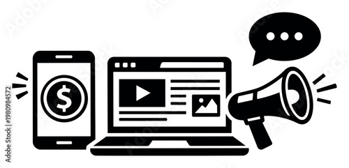 Marketing strategy showing how to make money using mobile commerce, distributing content, and promoting through social media