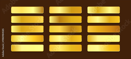 Golden gradients. Gold metallic shiny gradient effect, yellow metal frames. Gold or bronze foil texture for glossy banners and premium labels. Vector luxury set. eps 10