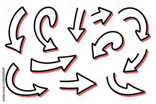 Hand drawn arrows set, collection of doodle pointers in black outline with pink fill, pointing in different directions on transparent background