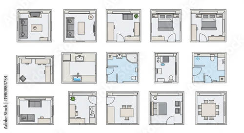 Collection of various floor plan layouts for apartments and houses.