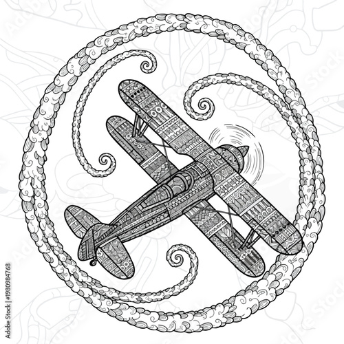 Vintage style Airplane Illustration Encircled by a Rope Frame