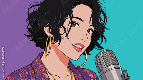 Illustrated Woman with Microphone Singing