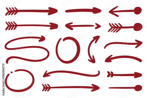 Hand drawn red arrows and circles collection on transparent background for design elements and icons vector illustration