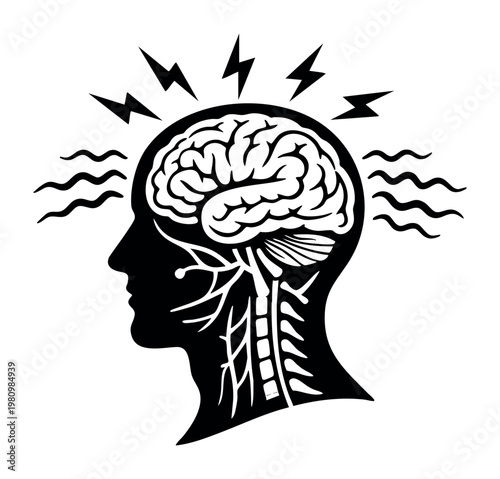 Human head profile silhouette showing a brain with lightning bolts and wavy lines, illustrating severe headache, migraine, and mental stress