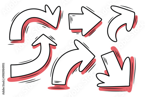 Hand painted style arrows with thick black outline and pink shadow effect, pointing various ways on isolated transparent background