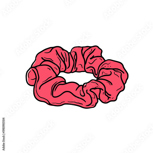 A pink hair scrunchie made of fabric sits alone on a white background.