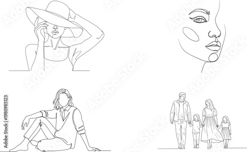 Continuous Line Art Bundle – Woman with Hat, Abstract Female Face, Sitting Woman and Family Walking One Line Drawing Vector Set