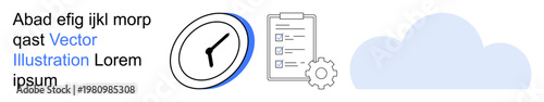 Time management, task tracking, cloud storage, productivity tools, workflow optimization, digital services. A clock, checklist with gear and cloud icon. Time management and task tracking concepts
