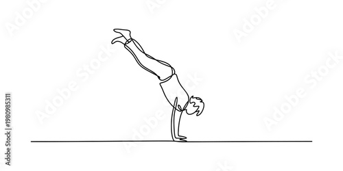 Continuous one line drawing of a man doing a handstand on a flat surface in minimalist style.