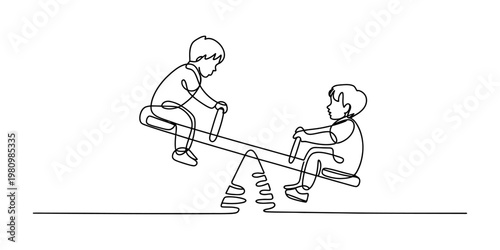 Minimalist continuous line drawing of two children playing together on a seesaw in a playground.