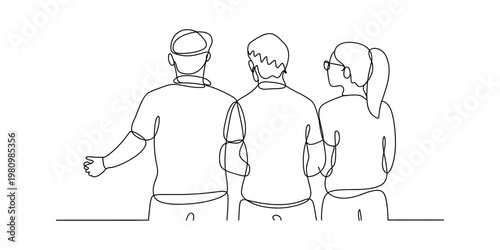 Continuous line drawing of three people standing together and looking forward from behind.