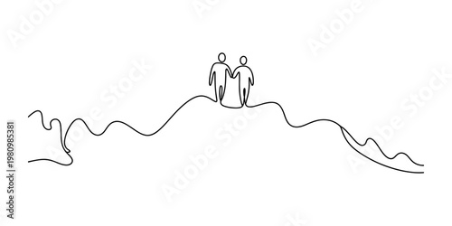 Schilderij op canvas Continuous line drawing of two people holding hands on top of a mountain hill landscape