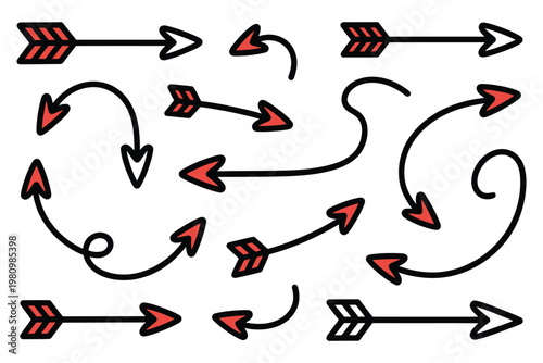 Set of sketched arrows with feather fletching and red fill, creative doodle pointers in various shapes and directions on transparent background