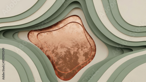 A surreal landscape with flowing green and white contours surrounding a rusted, irregularly shaped metal plate.