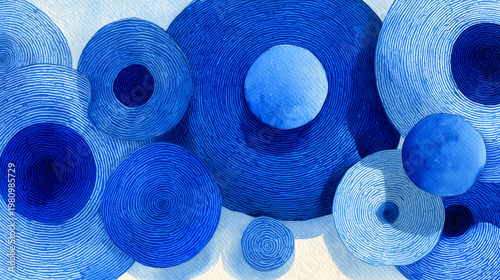 和モダンな青い同心円の水彩パターン 伝統的な波や水のイメージ